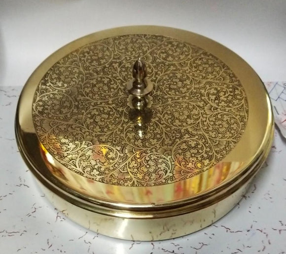 Brass Handcrafted Masala Box With Embossed Lid- Diameter 7.2