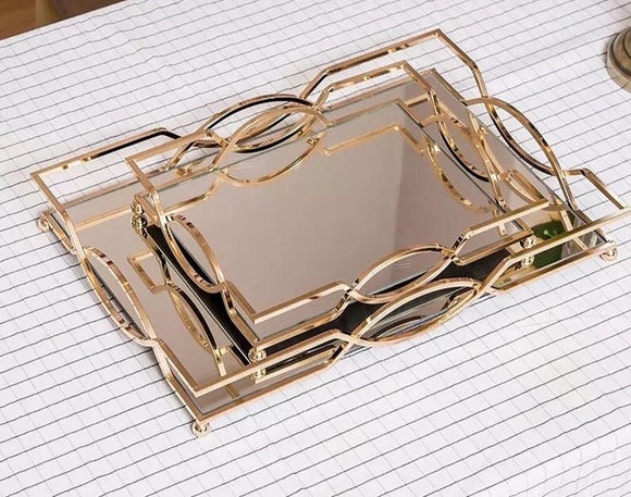 SET OF 2 , GOLD PLATED MIRROR TRAYS-GANNMT001