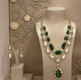 Semi Precious Emerald Necklace with Original Uncut Kundan with Matching Earrings-MOE5NSW0123