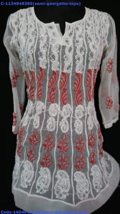 White Semi Georgette Kurti  with red and white Chikankari work, Only Chikan work : 11349