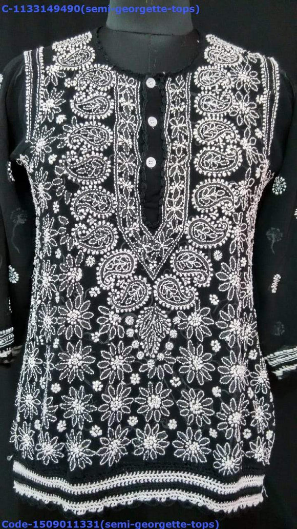 Black Semi Georgette Kurti  with white Mango Chikankari design.Only Chikan work : 11331