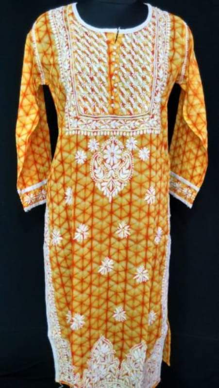 Bright yellow with orange star design cotton Kurti Only Chikan work : 11428