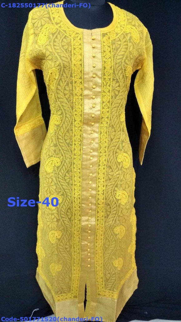 Yellow chanderi Front Open Kurtis with Chikankari work full sleeves