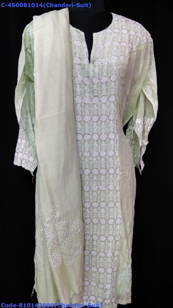 Chanderi Suit with Chikankari work full sleeves with embroidered dupatta