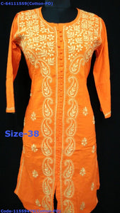 Cotton orange front open kurti with yellow Chikankari mango design work