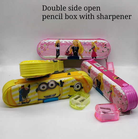 Double side open pencil box with sharpener