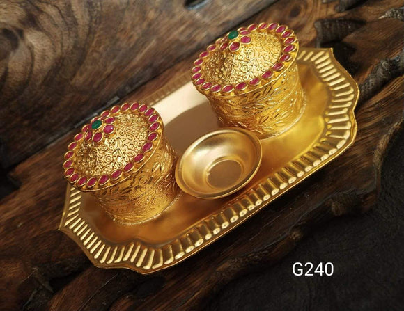 Golden Pooja Thali with kumkum and haldi dabbis GP02