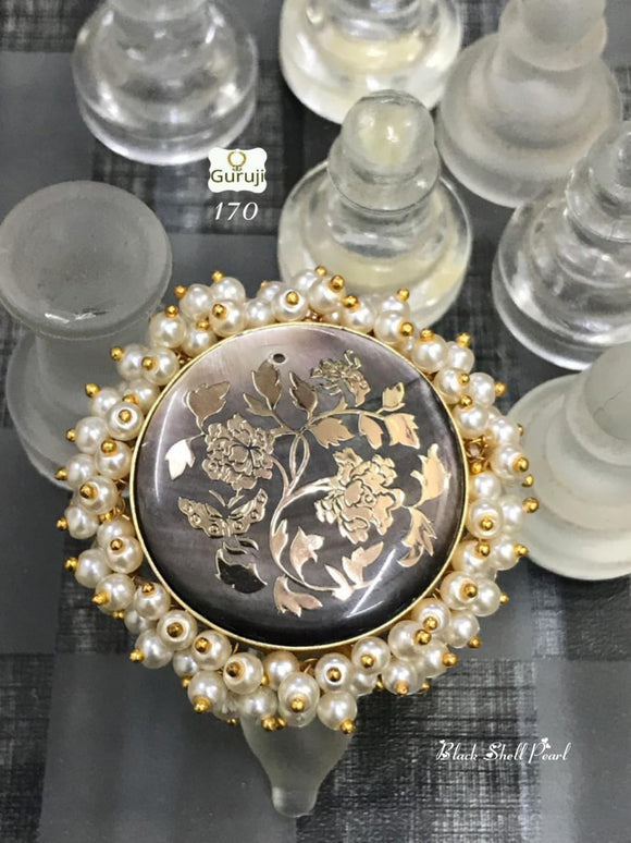 Chinese golden rose design in round Natural Shell with pearl embellishments
