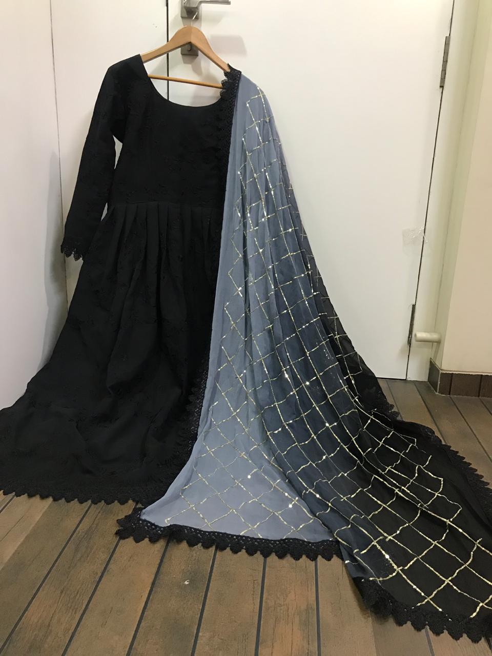 Black designer salwar suit with shaded grey Duppatta – www.soosi.co.in