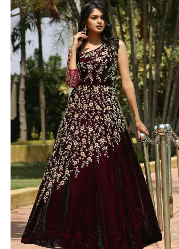 Meroon velvet gown with golden embroidery