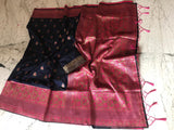 Banarasi Black weaved Saree  Maa Brand 1001 with Magenta Rich work Pallu with tassels.