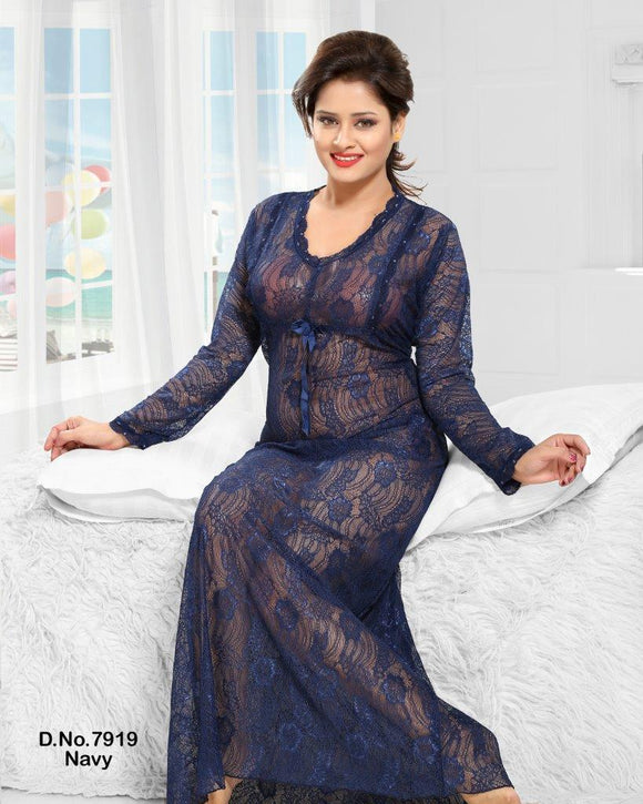 Deep sea Blue Navy Women Sexy Long Dressing Night Gown Sheer Dress Nightgown Nightie Sleepwear Lingerie  in Imported Net yarn Fabric and laces.