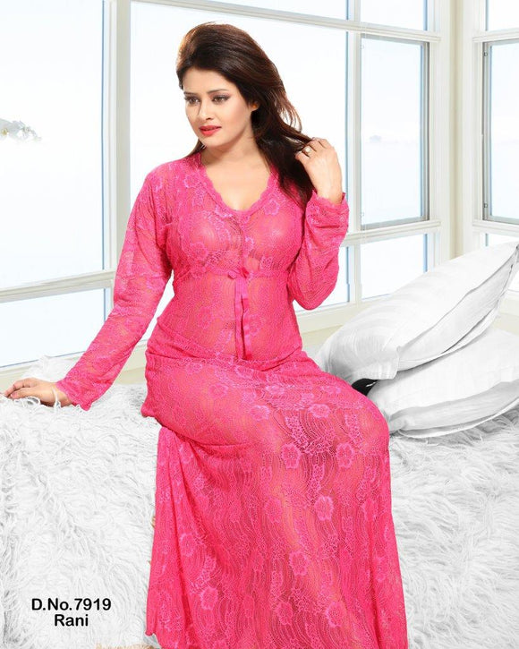Rani Pink Women Sexy Long Dressing Night Gown Sheer Dress Nightgown Nightie Sleepwear Lingerie  in Imported Net yarn Fabric and laces.