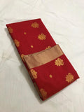 Authentic Chanderi Silk Cotton Saree in Red with Golden Zari and gold butties all over the saree.