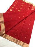 Authentic Chanderi Silk Cotton Saree in Red with Golden Zari and gold butties all over the saree.