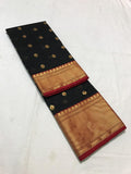 Authentic Chanderi Silk Cotton Saree in Black and Red with Heavy  Golden Zari and gold butties all over the saree.