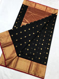 Authentic Chanderi Silk Cotton Saree in Black and Red with Heavy  Golden Zari and gold butties all over the saree.