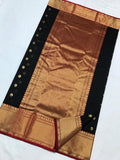 Authentic Chanderi Silk Cotton Saree in Black and Red with Heavy  Golden Zari and gold butties all over the saree.