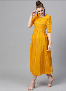 Mustard Colour A-line cotton Kurti or  dress with self Khatta work &  round neck.