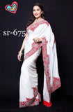 SR-675, White Chanderi Silk with Beautiful Embroidery borders and Red Blouse.