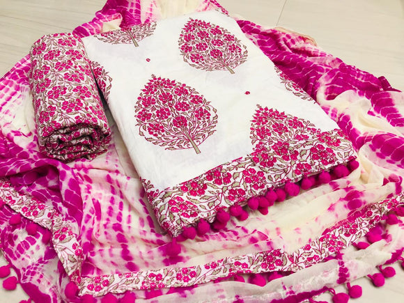 White Printed Cotton Salwar Suit Material with Mirror Work and Chiffon Duppatta.