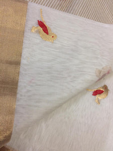 White Chanderi Silk and Cotton Saree With Weaved Bird Designs and  Gold Zari.