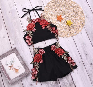 Black Halterneck top and shorts set with Red Floral Embroidery work for Girls.