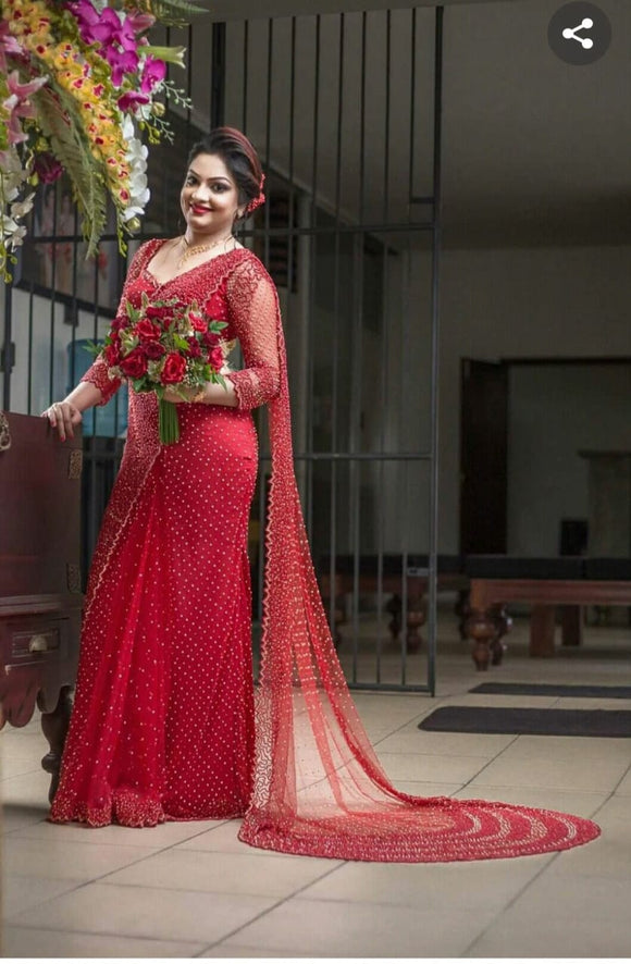 Red Net Saree With White Pearls