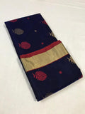 Deep BlueChanderi Silk Saree With Gold Zari and Red motifs.