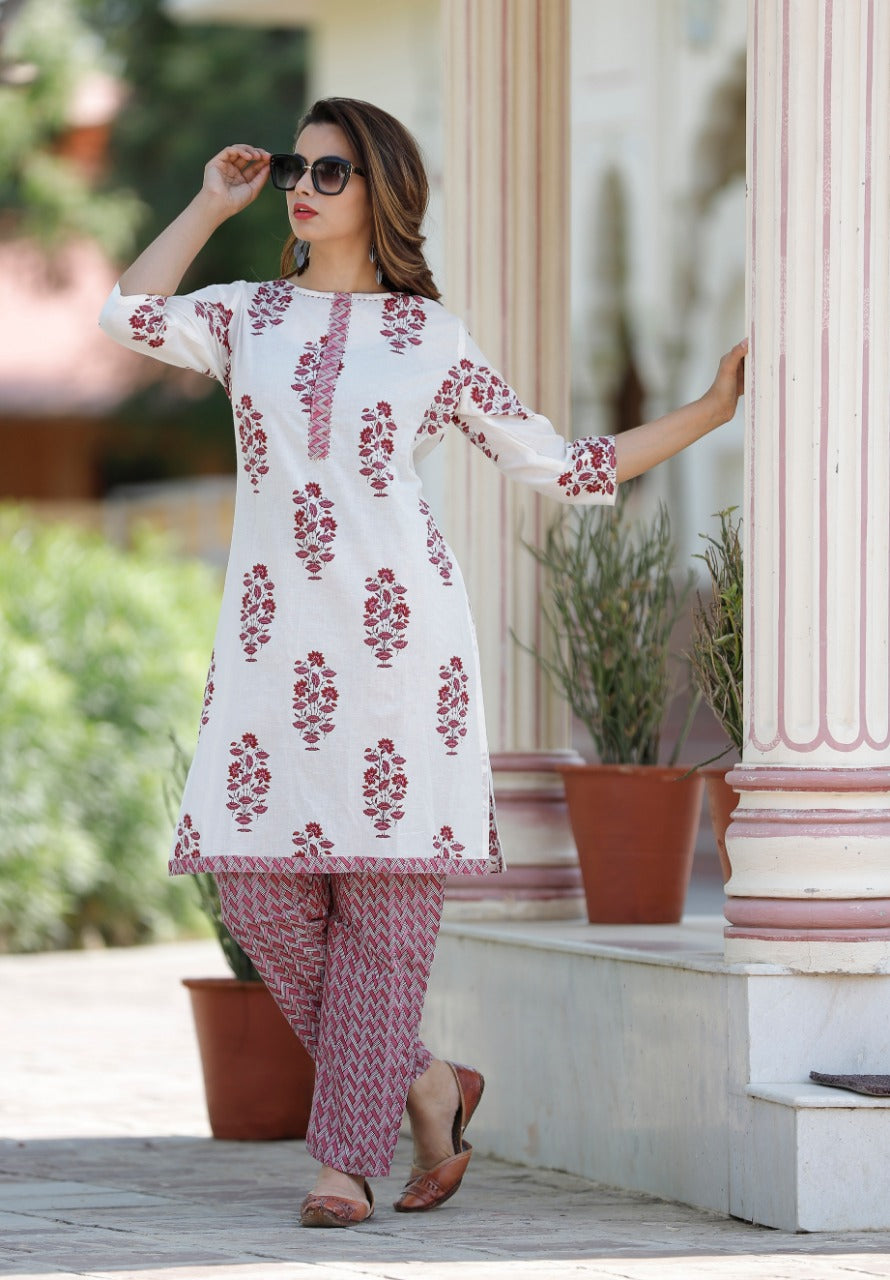 Buy Traditional Wear Lucknowi Work Pure Cotton White Kurti With Pant Online  From Surat Wholesale Shop.