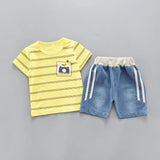 Yellow stripes Top with Denim shorts for boys.
