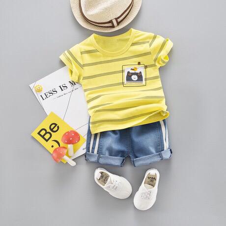 Yellow stripes Top with Denim shorts for boys.