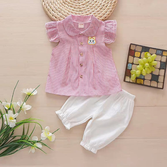 Pink stripes top with frills and white Cute shorts