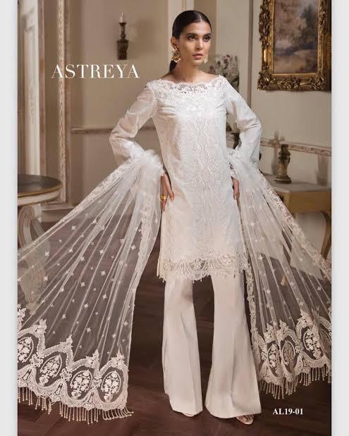 Anaya Pakistani White  Luxury Lawn Salwar suit material.