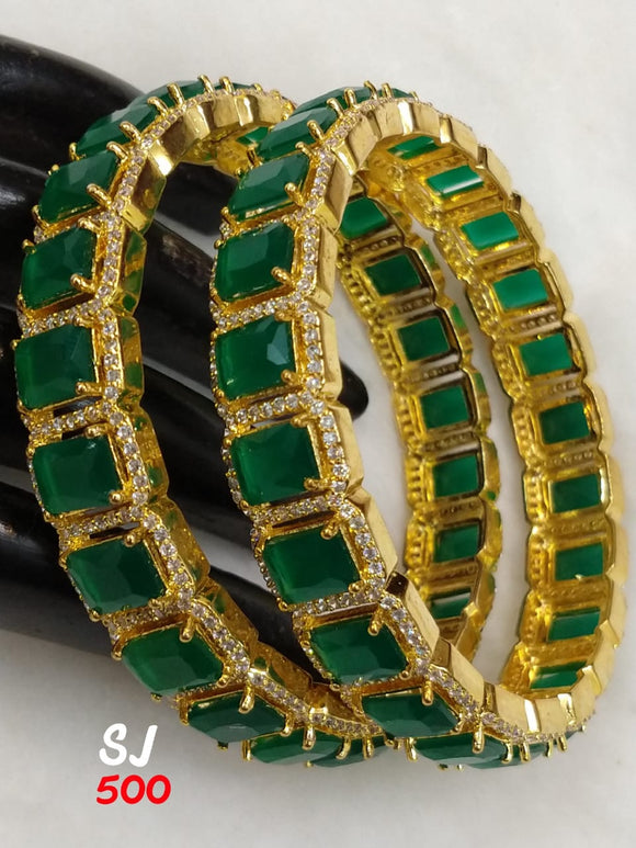 SARANGINI , Pair of 2 , Gold Finish  Bangles with Green &  White Square Stones-SARABS001