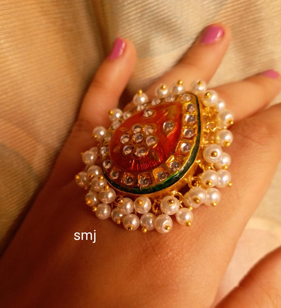 Enameled Red Kundan Pearl Ring for Women