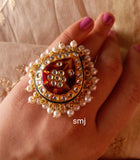 Enameled Red Kundan Pearl Ring for Women