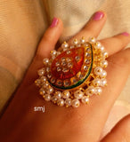 Enameled Golden Orange Kundan Pearl Ring for Women.