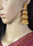 Hand craftedthree layered Lakshmi   Gold jumka with pearls for women.