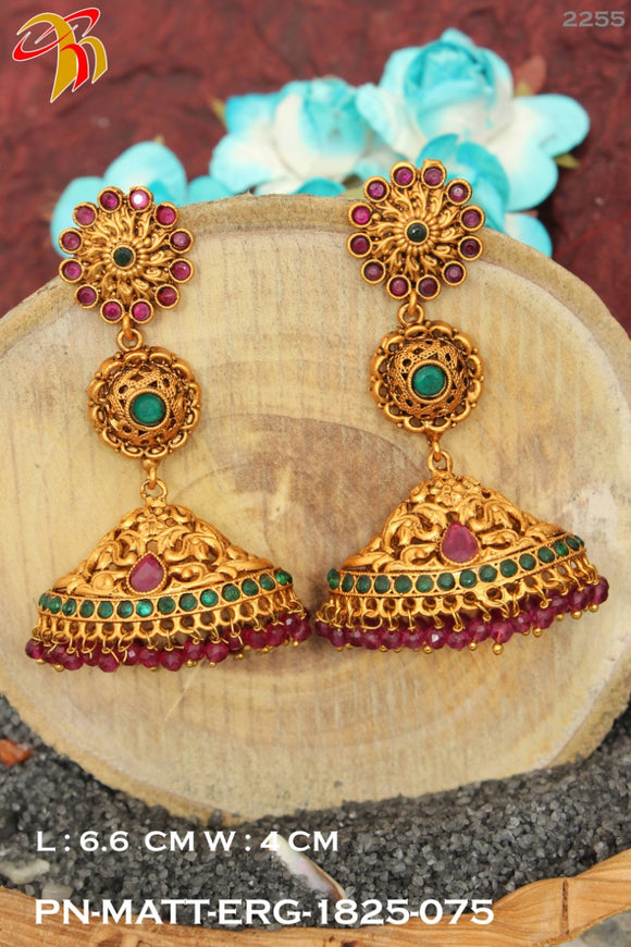 Hand crafted three layered Gold jumka with rubies for women