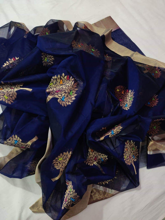 Deep Blue Chanderi Silk Cotton Saree with Tree motifs.