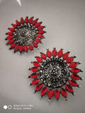Black Polished German Silver earrings with Colourful Enamel Flower work.