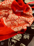 Pure Black Muga Silk Saree With contrast Red fully Zari Woven Blouse.