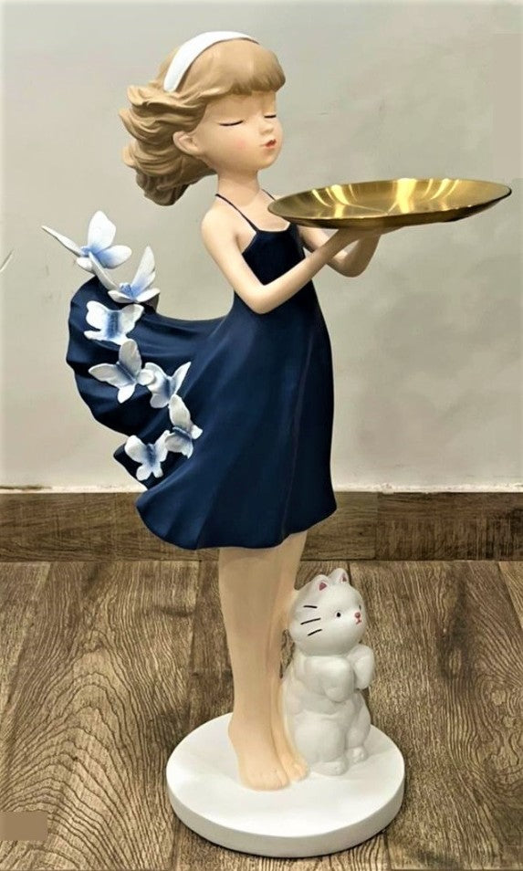 Blue Floral Dress Girl with Golden Tray Designer Platter for Parties-SP001BD