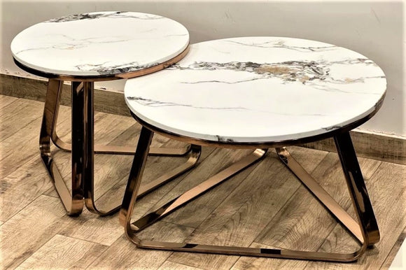 Rose Gold Finish Elegant Circular Nesting Table with Marble Tops-SP001NTMT