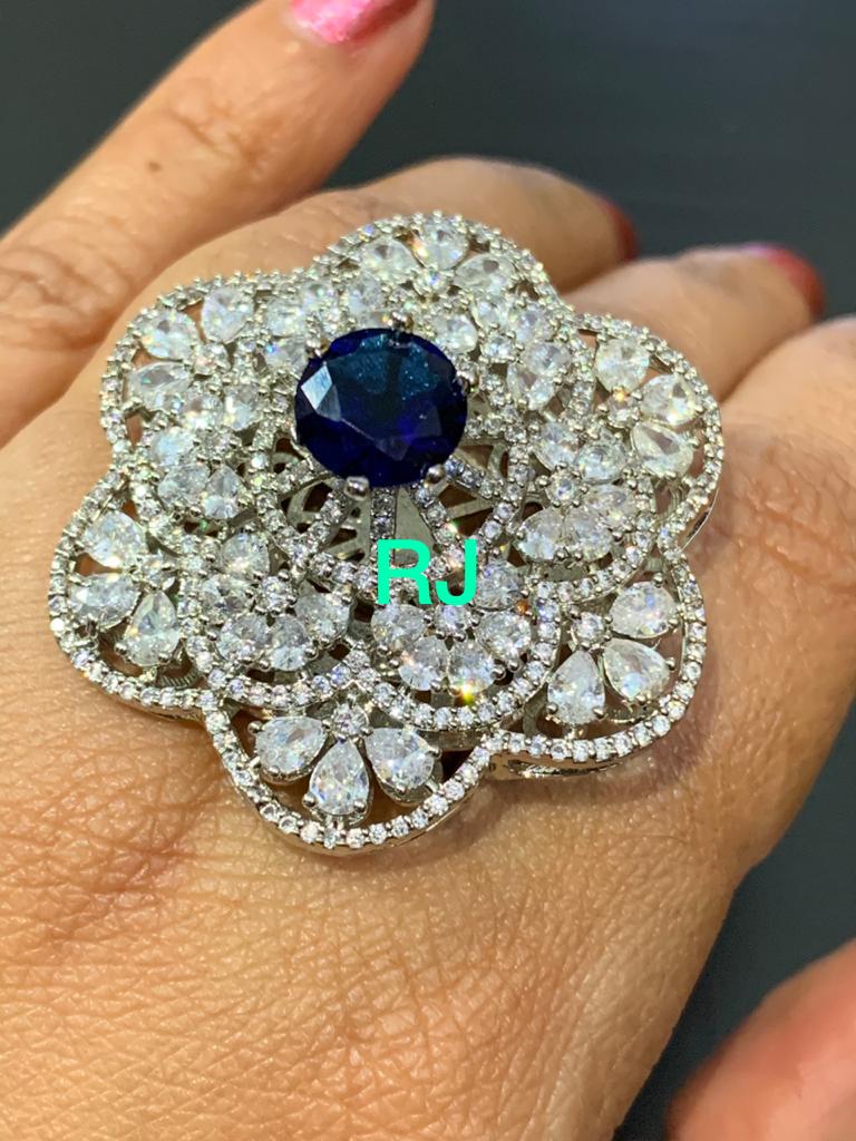 PLATINUM FINISH DIAMOND REPLICA ADJUSTABLE COCKTAIL RING FOR WOMEN