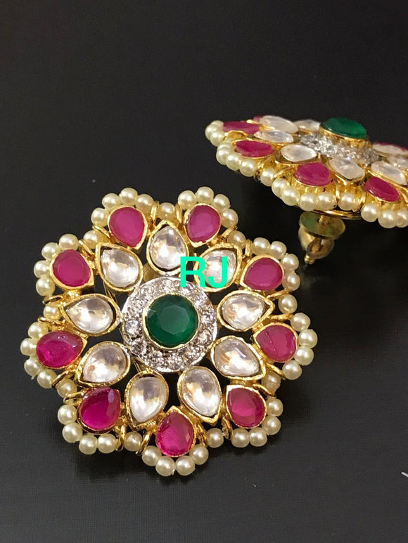 Gold plated stud with semi precious ruby and silver foil Kundan  earrings with screws -MOEER001