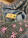 Grey and Pink  Pure Bengal Tussar Cutwork Sarees with Running Blouse piece-SARAS003GY