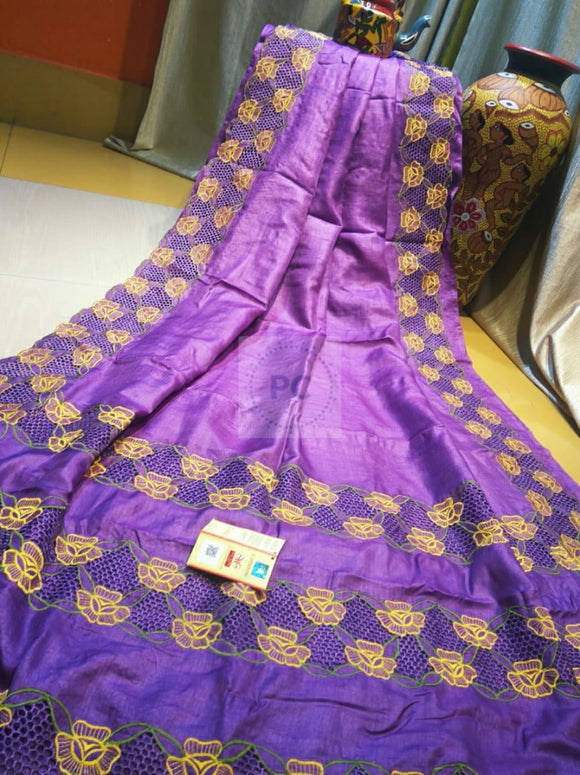 Violet Pure Bengal Tussar Cutwork Saree with Running Blouse piece-SARAS004V