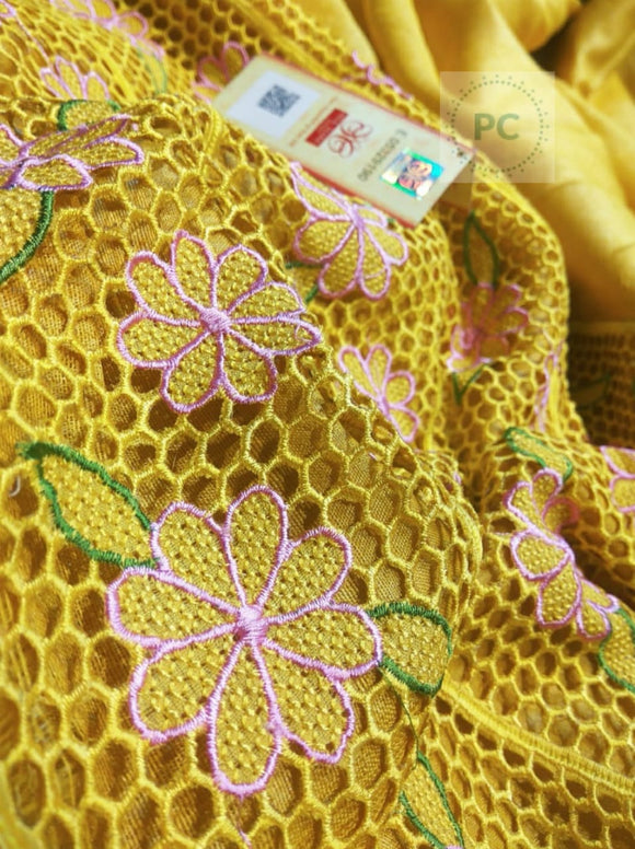 Golden Yellow Pure Bengal Tussar Cutwork Sarees with Running Blouse piece-SARAS002Y